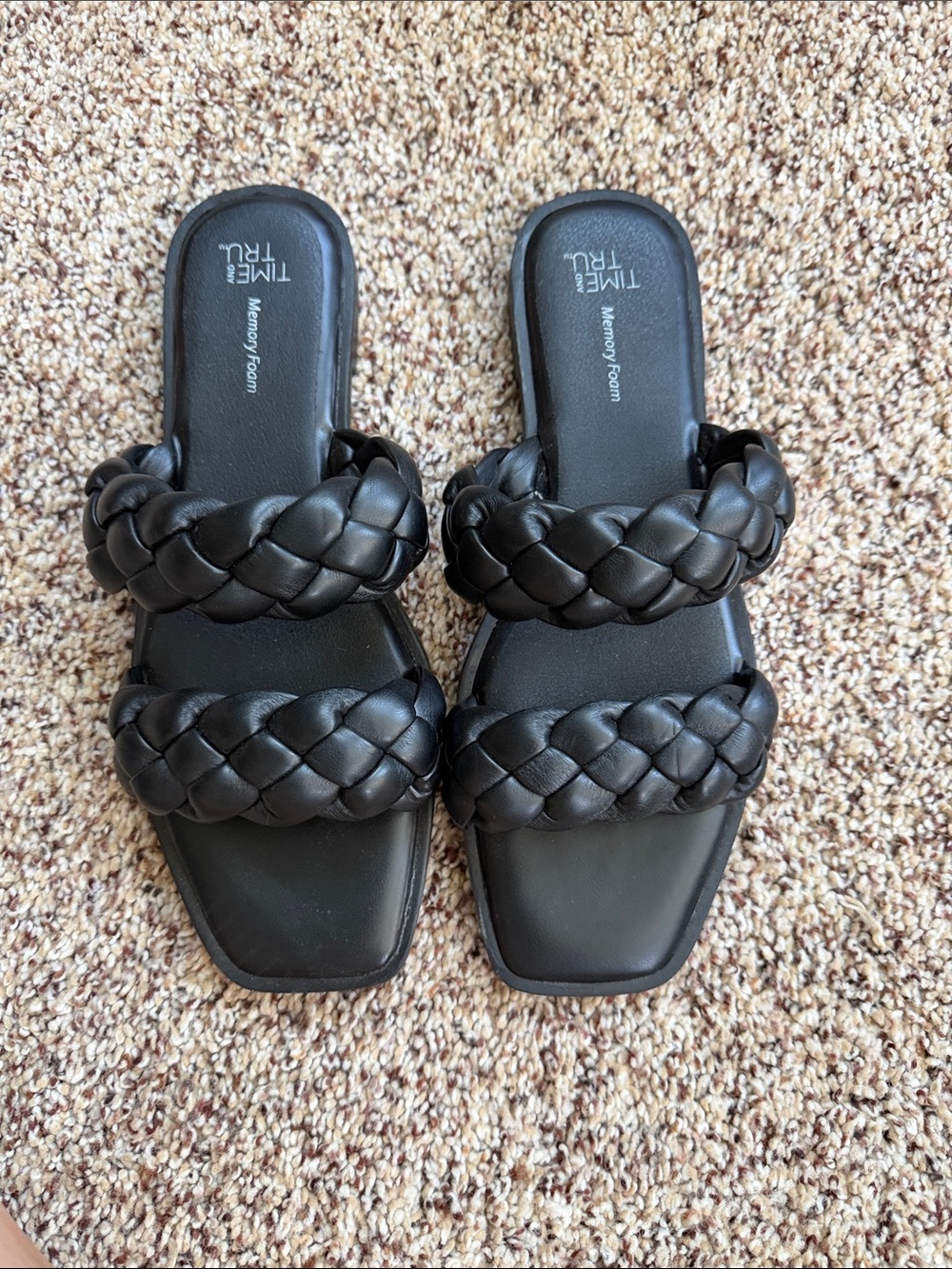 Time and Tru Black Braided Double-Strap Slide Sandals